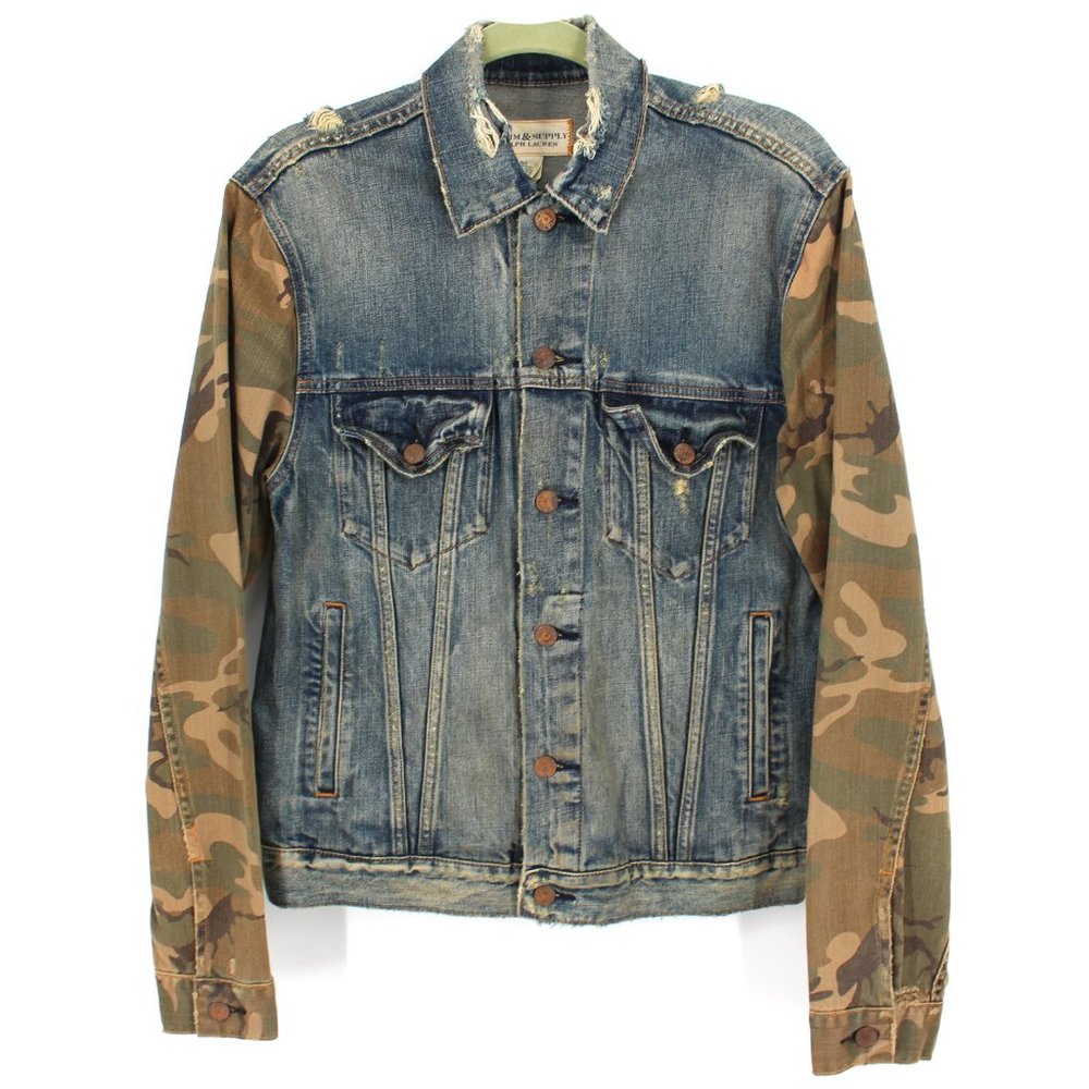 NWT Ralph Lauren Denim & Supply Distressed Denim Jacket Camo Sleeves Medium NEW - Picture 1 of 6